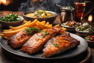 Fried fish with spices and smoke on a blurred background. Generative AI