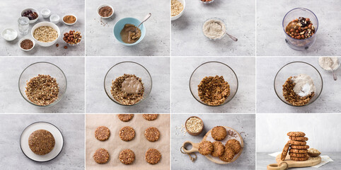 Cooking vegan oatmeal cookies with nuts and flaxseed, collage, do it yourself, step by step, ingredients, cooking steps, final dish on a gray stone table - obrazy, fototapety, plakaty