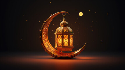 A golden crescent moon adorned with an orange lantern, bathed in warm hues of light brown and soft beige, exudes timeless elegance