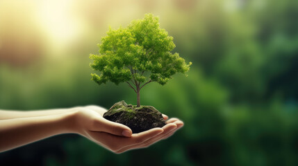 Symbolic hand holding a thriving tree amidst lush, blurred green nature—an Earth Day reminder of our duty to protect our planet's beauty and vitality