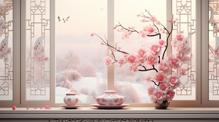 Happy Chinese New Year, Spring couplets adorn a traditional window frame, ink painting peony in graceful pink tones. Fortune blooms with cherry flowers