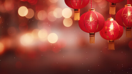 Joyful Chinese New Year, Red lanterns light up the night, spring couplets usher in luck, and bokeh sparkles with festive delight - obrazy, fototapety, plakaty