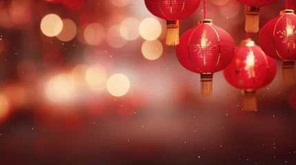 Foto op Plexiglas Joyful Chinese New Year, Red lanterns light up the night, spring couplets usher in luck, and bokeh sparkles with festive delight © ArYu Photography