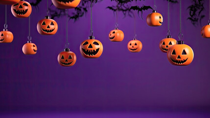 Spooky pumpkins adorn a vibrant purple backdrop, casting an eerie yet festive aura for a delightfully Happy Halloween