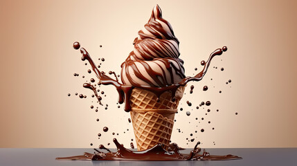 Indulge in pure bliss, Isolated light brown, chocolate soft serve ice cream, in a crisp waffle cone, adorned with a rich, velvety chocolate splash - obrazy, fototapety, plakaty