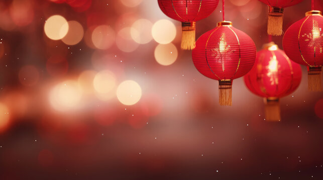Joyful Chinese New Year, Red lanterns light up the night, spring couplets usher in luck, and bokeh sparkles with festive delight