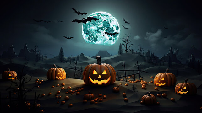 Spooky night, clouds embrace a full moon. Pumpkins aglow, bats dance. Happy Halloween's enchanting embrace