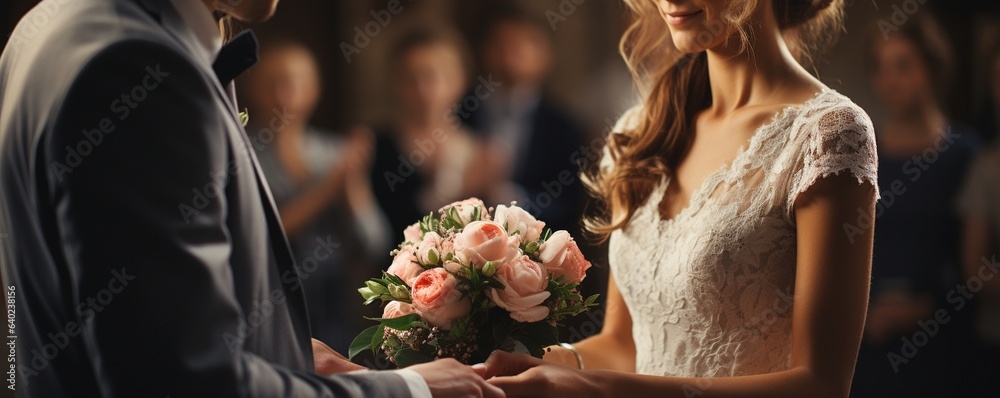 Wall mural wedding rings are exchanged.