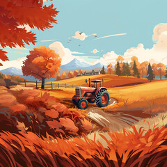 Autumn rural landscape and tractor working on field..