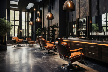 Stylish cozy barbershop or hairdressing salon interior - obrazy, fototapety, plakaty