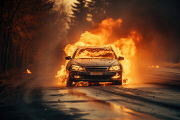 Fototapeta na wymiar burning car on the road due to explosion