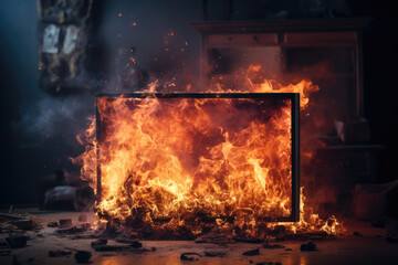 Burning TV in the house due to a short circuit and damaged wiring