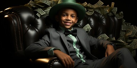 Happy and shouting millionaire boy rich kid sits in a large, luxurious armchair with a large amount of cash as banknotes fall..