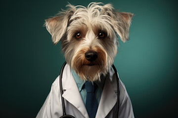 Dog dressed in veterinarian costume, animal first aid concept