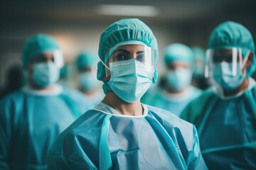 Group of doctors in face masks in the corridor of the hospital