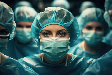 Group of doctors in face masks in the corridor of the hospital