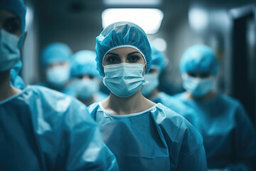 Group of doctors in face masks in the corridor of the hospital