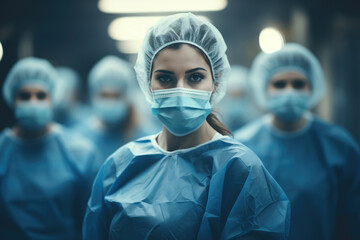Group of doctors in face masks in the corridor of the hospital