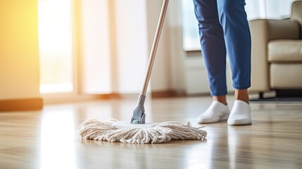 Woman mopping floor of room with mop, close up. Housekeeping concept, with woman washing floor with mop, generative ai