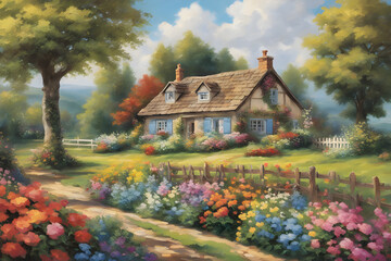 lush countryside scene with a charming cottage nestled among colorful fields of blooming flowers