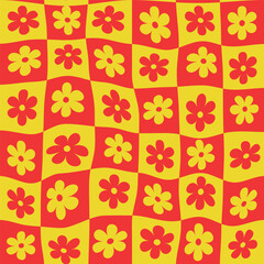 Red and yellow checkered warped retro flowers seamless pattern. For stationary, home décor and wrapping paper 