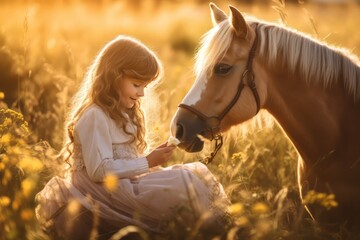 Cute little girl with her horse generative ai - obrazy, fototapety, plakaty