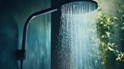 Close up shower head with running water in bathroom, generative ai