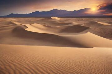 Vast desert landscape with rolling sand dunes illuminated by the warm light of the setting sun