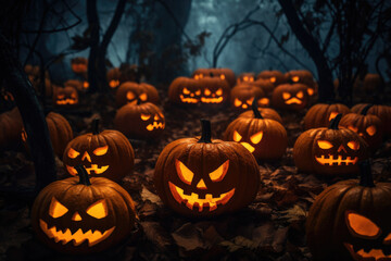 Glowing Halloween Pumpkins in a dark forrest