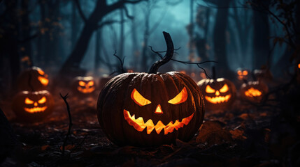 Glowing Halloween Pumpkins in a creepy forrest