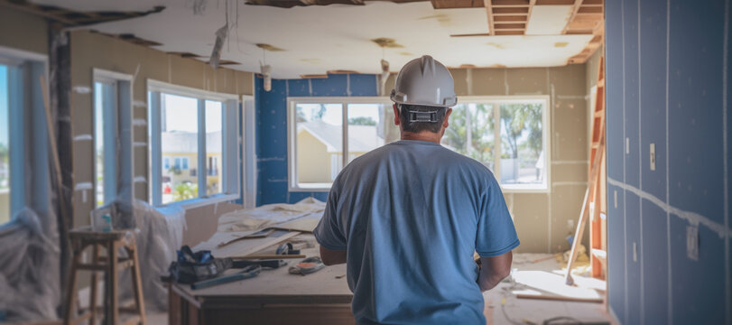 A Construction Worker Mason In The Ongoing Remodeling Of A Spacious Kitchen With Windows To The Outside. In Progress. Copy Space