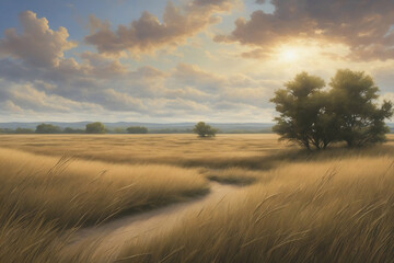 Fototapeta na wymiar open prairie landscape with a sweeping sky, tall grasses, and a sense of endless freedom