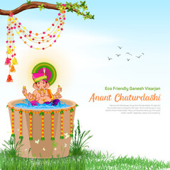 Anant chaturdashi concept with eco friendly ganesh visarjan. Vector illustration of ganesha visarjan. Ganesh Chaturthi. - obrazy, fototapety, plakaty