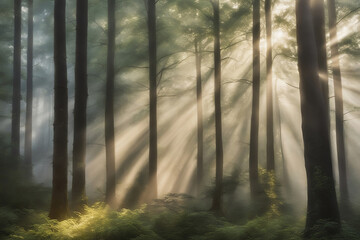 Misty morning scene in a dense forest with rays of sunlight filtering through the trees