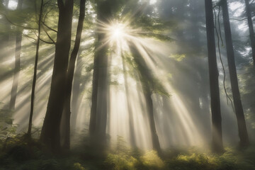 Fototapeta na wymiar Misty morning scene in a dense forest with rays of sunlight filtering through the trees