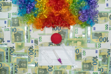 Euro cash background. Party during lockdown, concept clown face formed. Wig with Red clown nose and protective mask like a face, Fluffy Synthetic Cosplay Anime Fancy Wigs Festive.