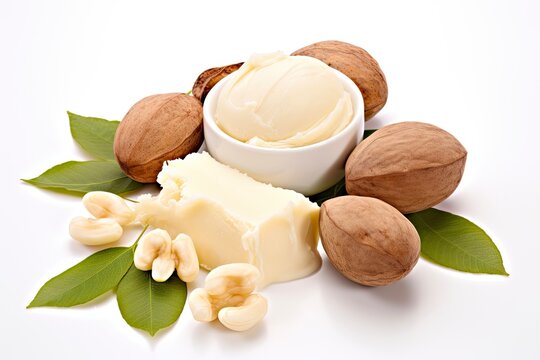 Shea Butter: Natural White Nut Cosmetic for Beauty. Isolated on Background