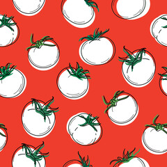 Seamless vector pattern on a red background. The contour of ripe juicy tomatoes with green leaves on a white handmade background.