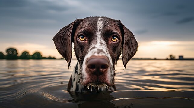 German Shorthair Pointer Portrait Outdoors near Water. Stunning Pet Animal Photography