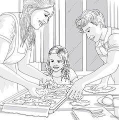 Color page with mother and her children cooking