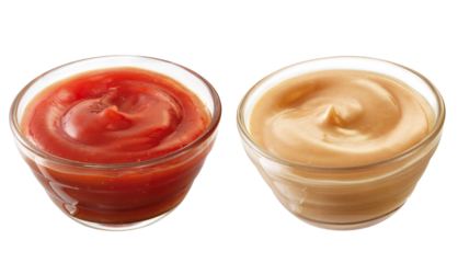 composição com pote de vidro com ketchup e tigela de vidro com molho rosé isolado em fundo transparente