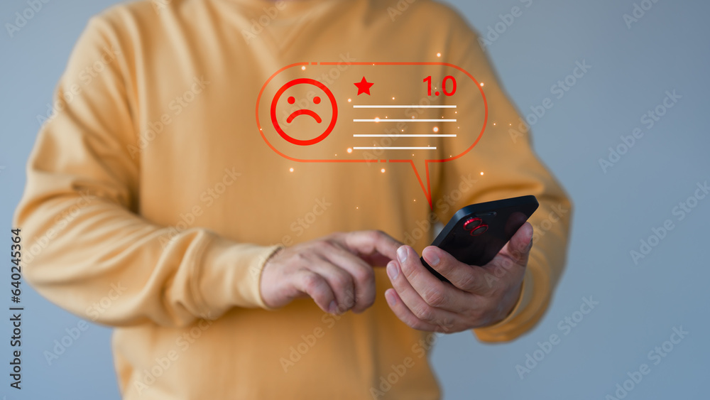 Aufkleber business service concept of customer experience dissatisfied by smartphone. man client with angry em