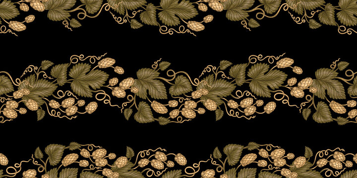 Hops plant twigs with leaves and curls Vintage elegant black and gold seamless pattern for print on scarf fabric or wallpaper