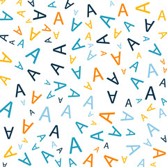 Seamless abstract A letter vector geometric pattern. Colorful letters on white background. Random order. Gift wrapping paper, fabric, poster. Bed linen and interior. School and learning theme.