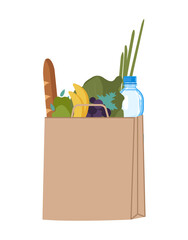 Eco paper bag full of fruit and vegetables (banana, salat, bottle of water,baguette, grape, green onion, grape). Modern shopping bag with fresh organic food from market isolated on white background.