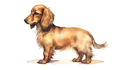 Cute long haired dachshund side view, isolated on white background. Digital watercolour illustration.