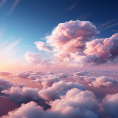 Aerial view of beautiful cloudscape above clouds at sunset. 3d illustration.Generative AI