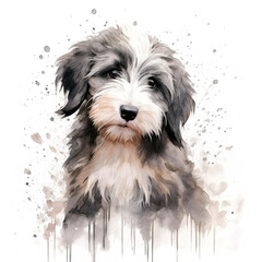 Border collie puppy. Stylized watercolour digital illustration of a cute dog with big brown eyes.