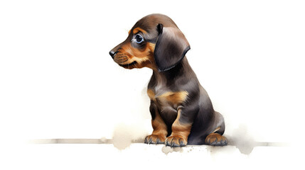 Black and tan dachshund puppy. Stylized watercolour digital illustration of a cute dog with big eyes.