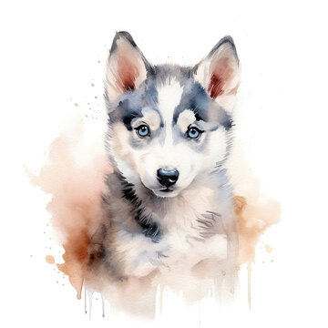Husky puppy. Stylized watercolour digital illustration of a cute dog with big blue eyes.